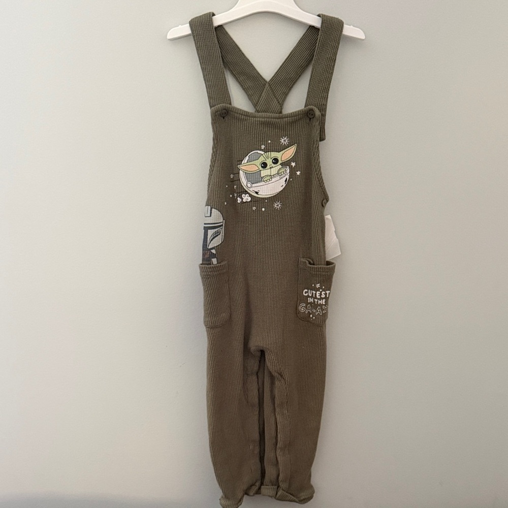 Kids Olive Green Overalls with Character Print